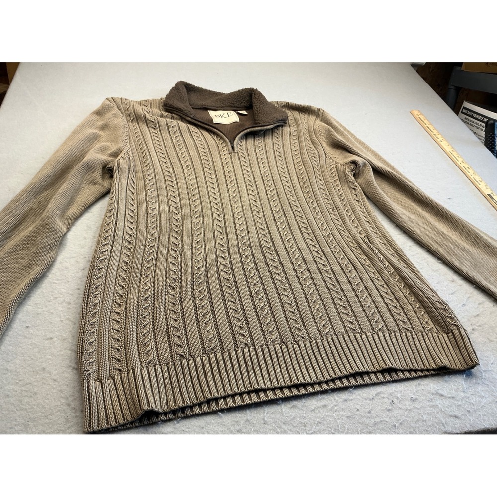 BKE Quarter Zip Sweater Cable Knit Sherpa Collar Brown Mens XL Rugged Outdoor